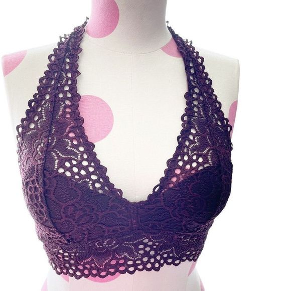 American Eagle Outfitters Aerie Boho Lace Halter Bralette Size Small - Maroon - Picture 1 of 5